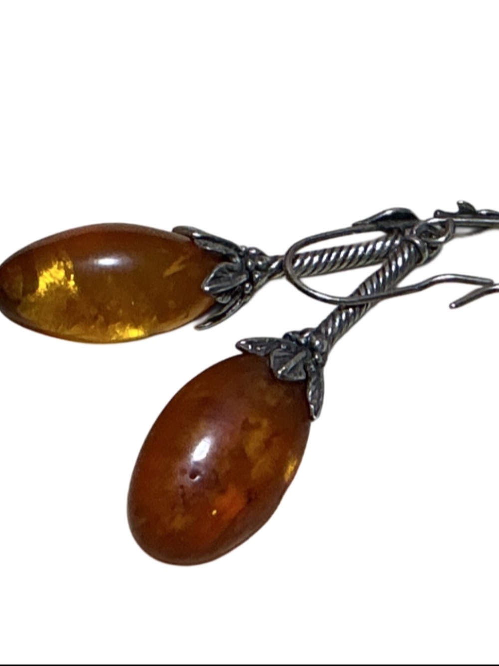 Vintage Genuine Amber Sterling Silver Drop Dangle Earrings 1.75", Artisan Piece